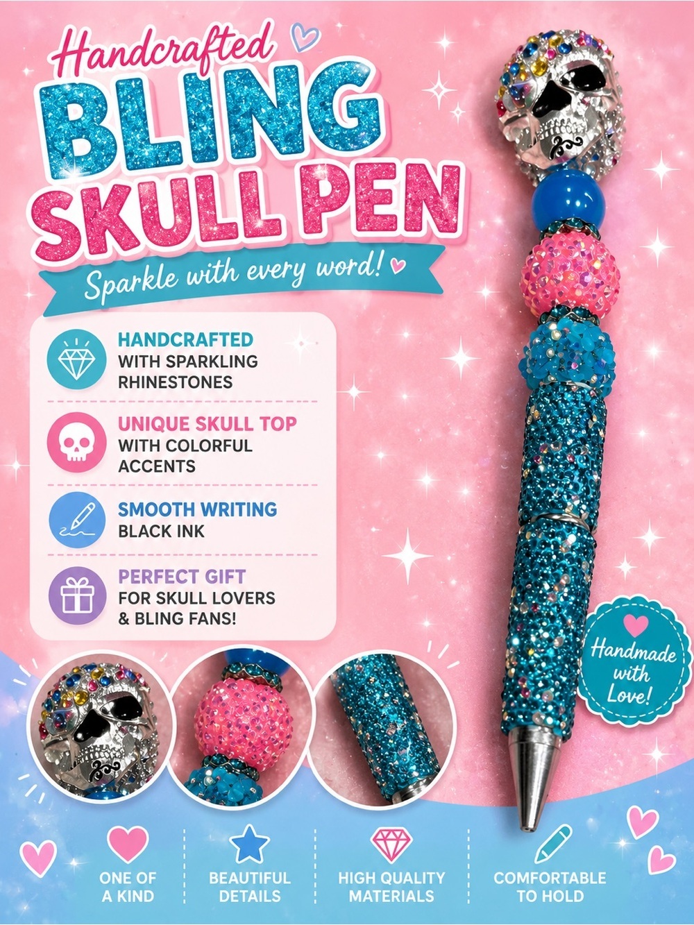 Hand Crafted Bling Skull Pen - Blue & Pink